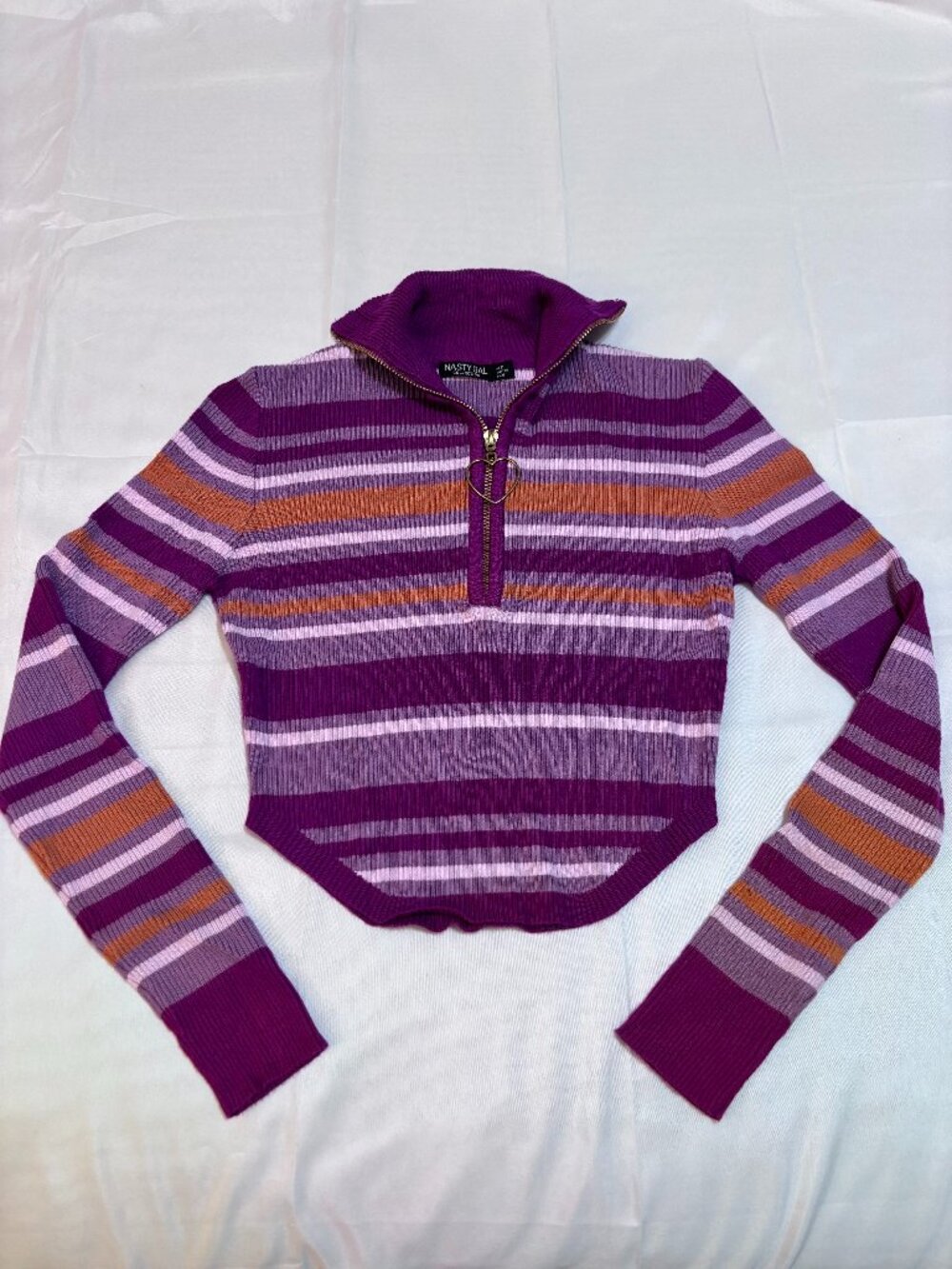 Nasty Gal Collection Y2K Striped Ribbed Crop Sweater Heart Zip Size US 2 / XS-S